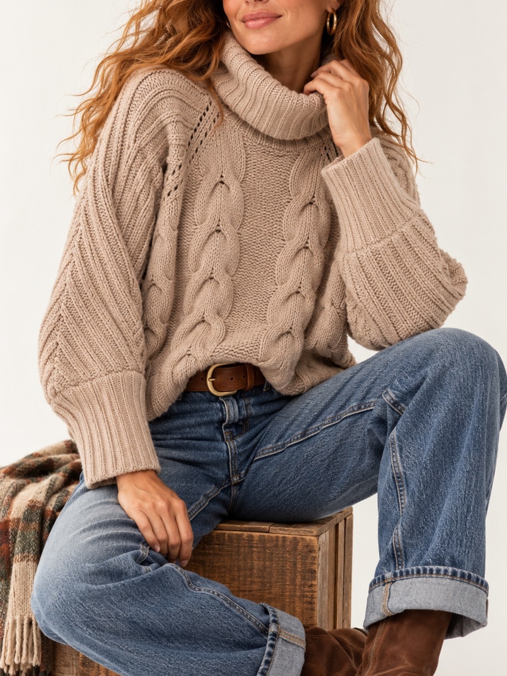 Moon & Madison Tan Chunky Cable Knit Fisherman Sweater – XS Oversized